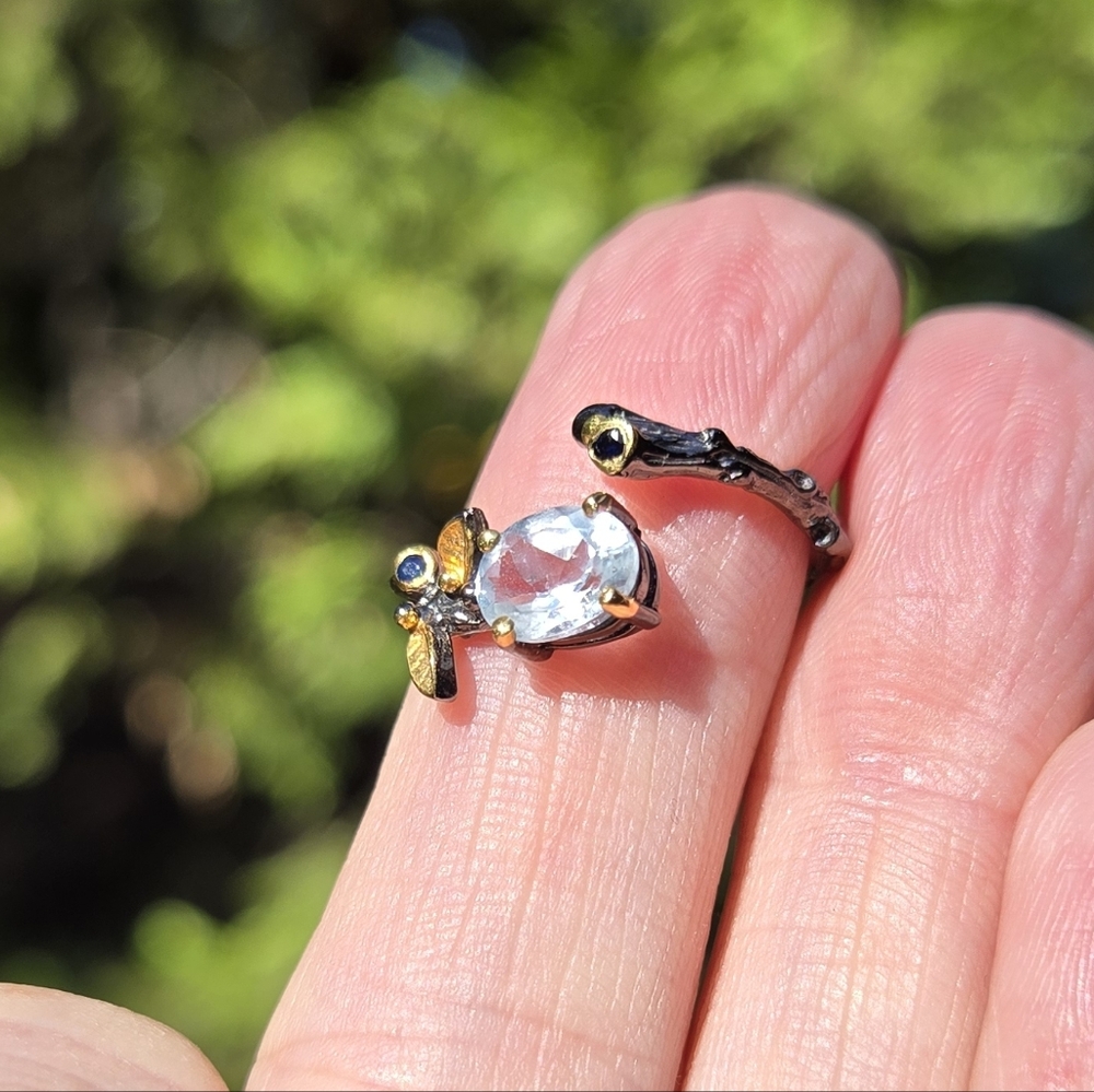 Blue Topaz & Sapphire Sterling Rhodium & Gold Ring Sz6 Adjustable - Picture 6 of 8